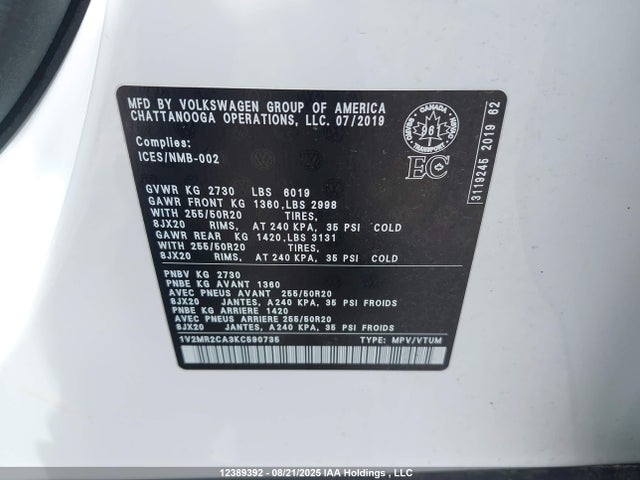 Volkswagen Atlas 2019 1V2MR2CA3KC590735 Image 9