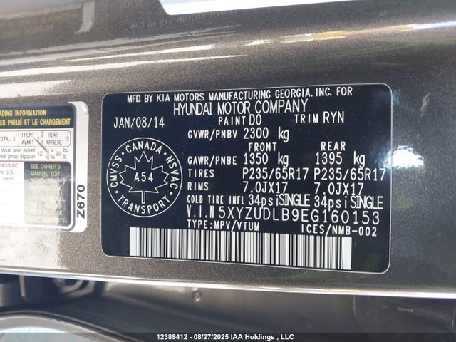 5XYZUDLB9EG160153 Hyundai gdi theta
