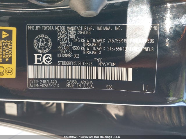 Toyota 2gr-fxs, 4jm+2fm 2018 5TDDGRFH5JS045626 Image 9