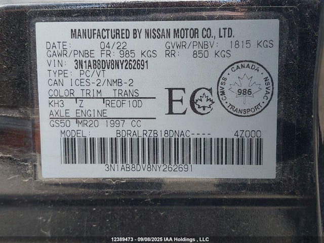 3N1AB8DV8NY262691 Nissan Sentra