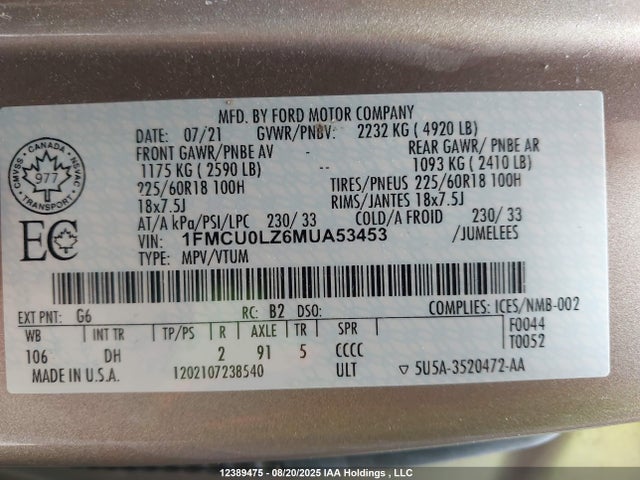 1FMCU0LZ6MUA53453 Ford hev/phev
