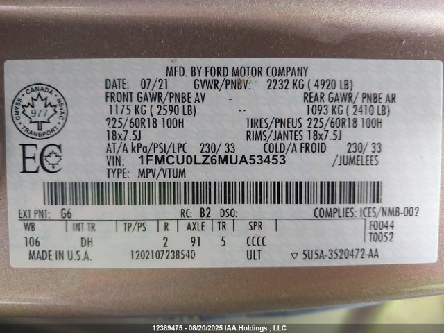 1FMCU0LZ6MUA53453 Ford hev/phev