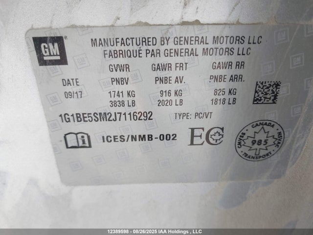 Chevrolet le2 -di: direct injection, vvt: variable valve timing, gen, alum 2018 1G1BE5SM2J7116292 Image 9