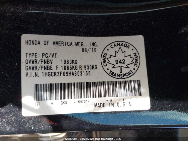 1HGCR2F09HA803158 Honda k24w1