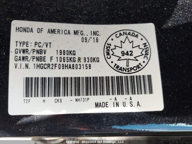 1HGCR2F09HA803158 Honda k24w1