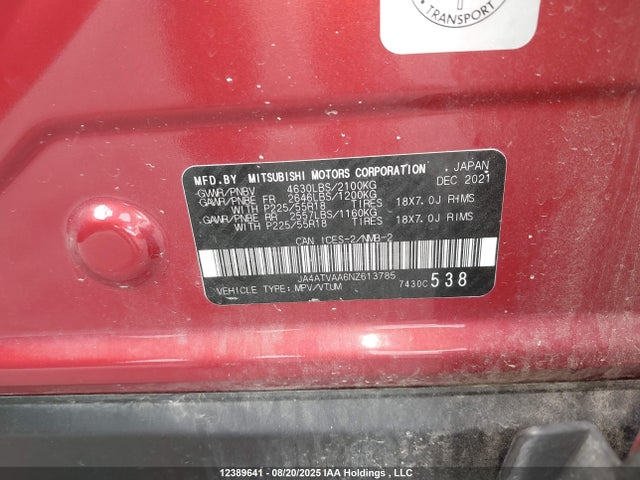 Mitsubishi tc/ic mivec 2022 JA4ATVAA6NZ613785 Image 9