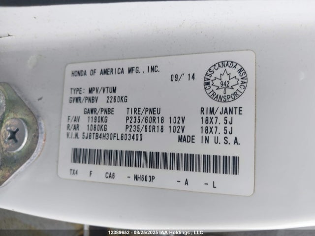 Acura j35z2 2015 5J8TB4H30FL803400 Image 9