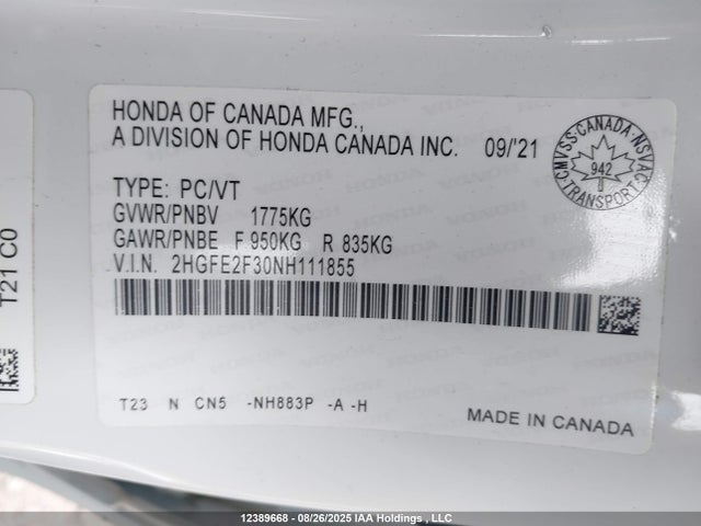Honda Civic 2022 2HGFE2F30NH111855 Image 9