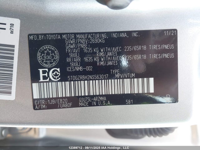 5TDGZRBH2NS563017 Toyota 2gr-fks