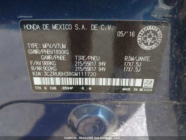 3CZRU6H38GM111720 Honda r18z9
