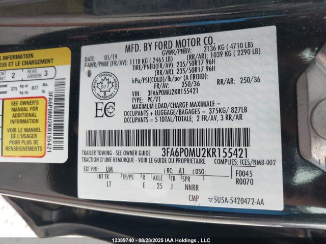 Продаж на аукціоні авто 2019 Ford Fusion Hybrid Hybrid, vin: 3FA6P0MU2KR155421, номер лоту: 12389740