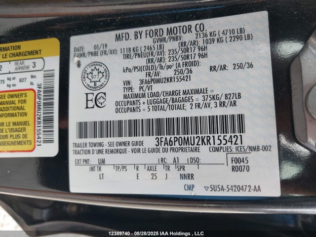 Продаж на аукціоні авто 2019 Ford Fusion Hybrid Hybrid, vin: 3FA6P0MU2KR155421, номер лоту: 12389740