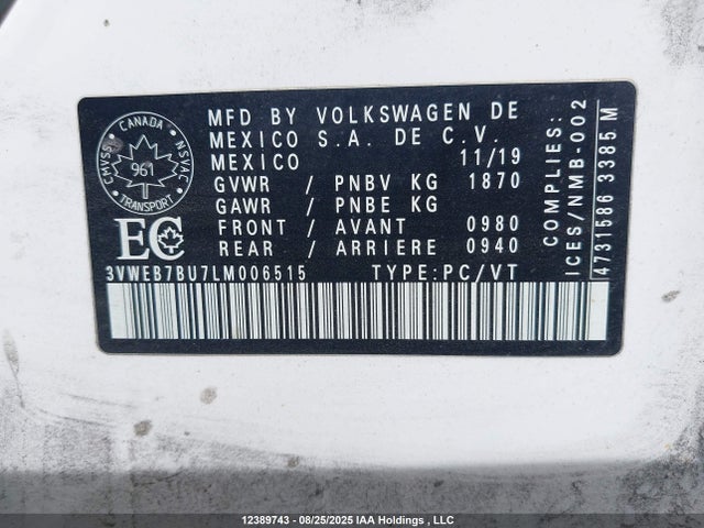 12389743 :رقم المزاد ، 3VWEB7BU7LM006515 vin ، 2020 Volkswagen Jetta Sel مزاد بيع