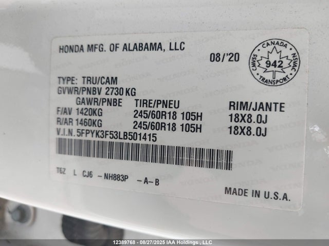 Honda j35y6 2020 5FPYK3F53LB501415 Image 9