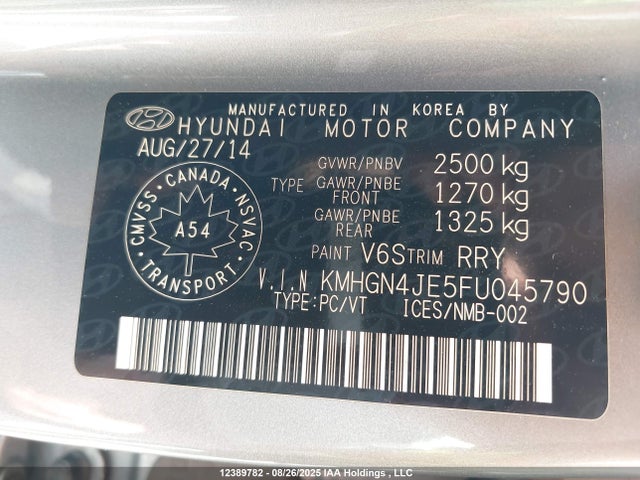 KMHGN4JE5FU045790 Hyundai gasoline 3.8 dohc mpi lambda