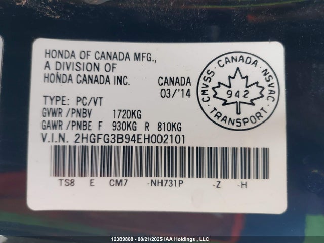 2HGFG3B94EH002101 Honda r18z1