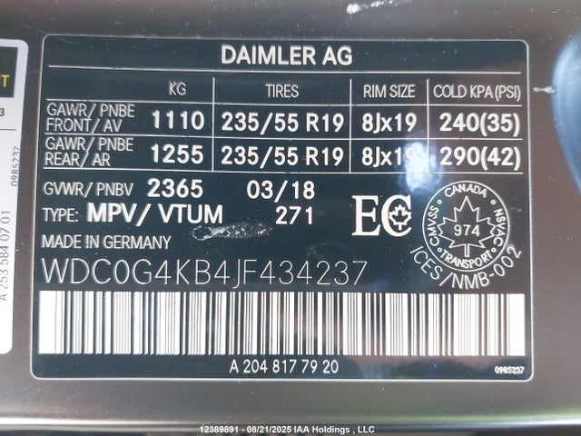 WDC0G4KB4JF434237 Mercedes-Benz m274