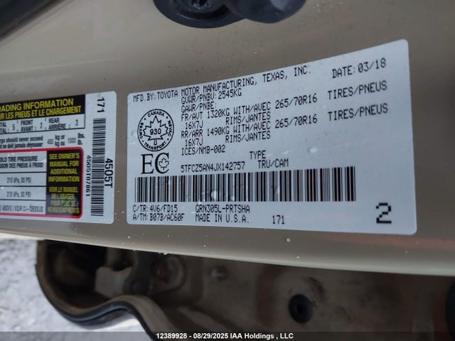 5TFCZ5AN4JX142757 Toyota 2gr-fks