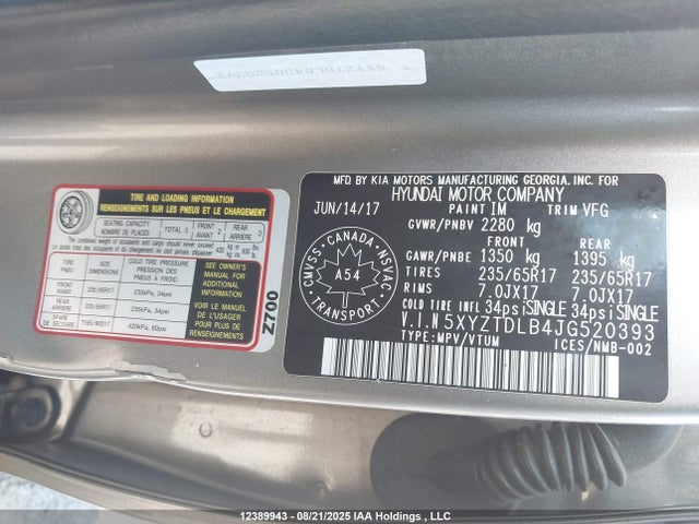 5XYZTDLB4JG520393 Hyundai gdi theta ii