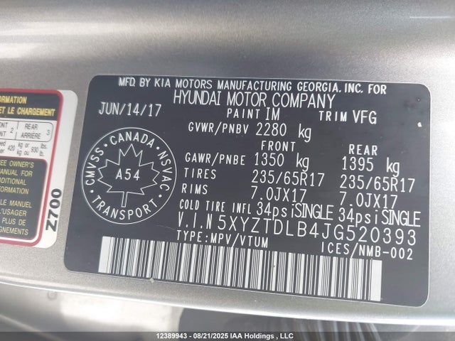 5XYZTDLB4JG520393 Hyundai gdi theta ii