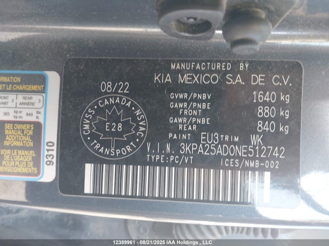 3KPA25AD0NE512742 KIA mpi gamma ii