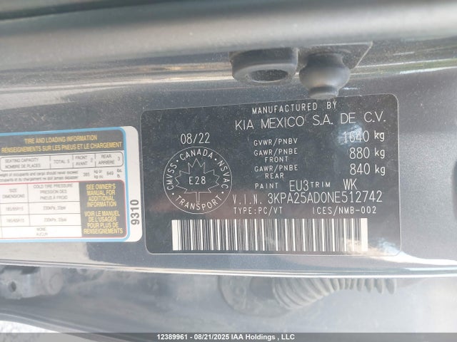 3KPA25AD0NE512742 KIA mpi gamma ii