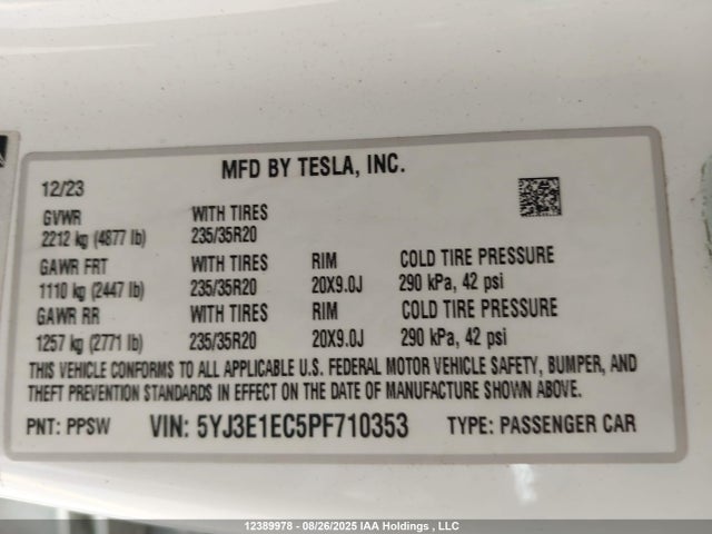 5YJ3E1EC5PF710353 Tesla MODEL 3