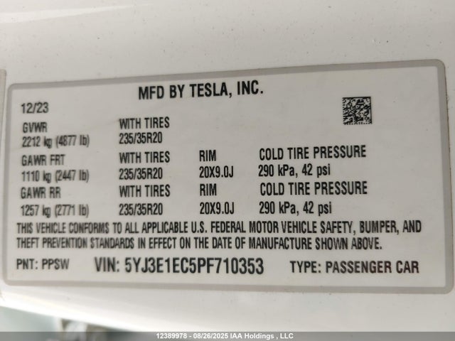 5YJ3E1EC5PF710353 Tesla MODEL 3