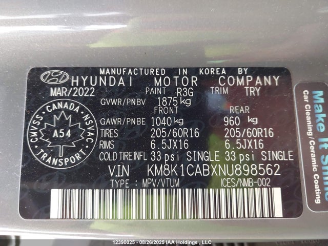 KM8K1CABXNU898562 Hyundai mpi nu pe