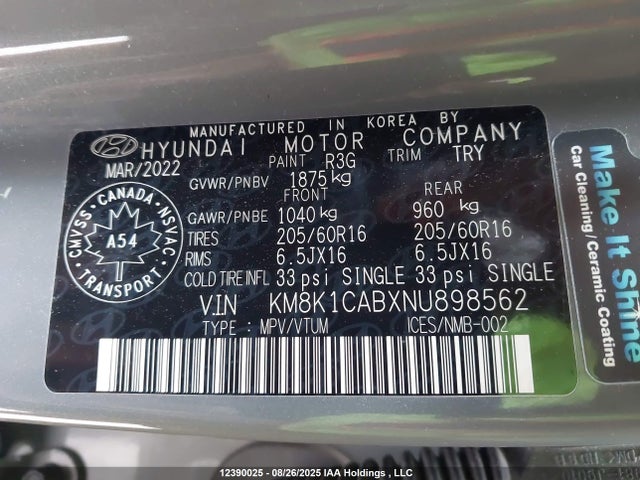 KM8K1CABXNU898562 Hyundai mpi nu pe