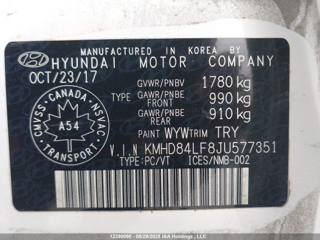KMHD84LF8JU577351 Hyundai mpi nu