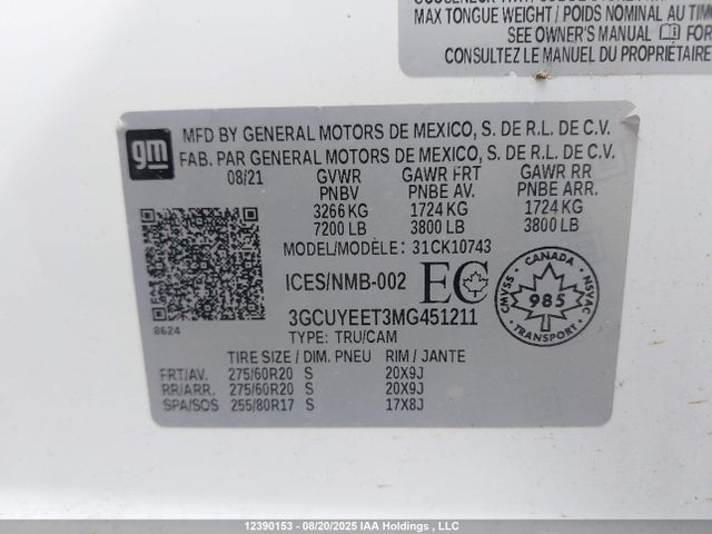 3GCUYEET3MG451211 Chevrolet lm2 - cri, vgt, alum