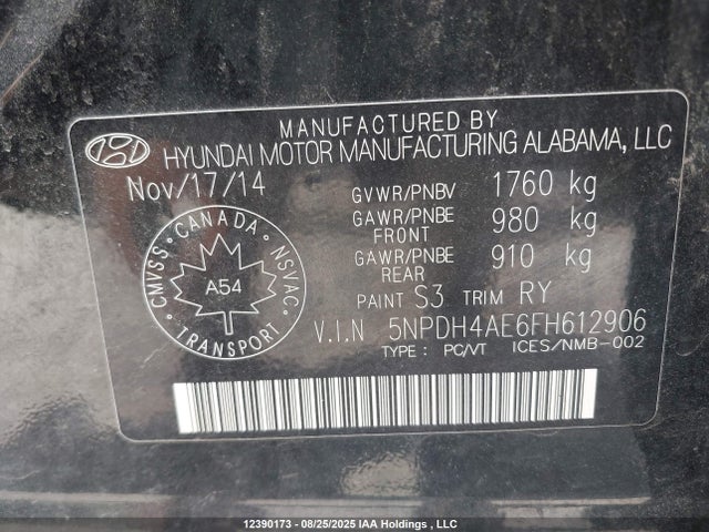 5NPDH4AE6FH612906 Hyundai dohc mpi nu