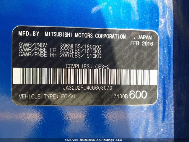 Mitsubishi dohc mivec 2016 JA32U2FU4GU603070 Image 18