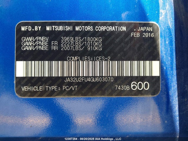 Mitsubishi dohc mivec 2016 JA32U2FU4GU603070 Image 9