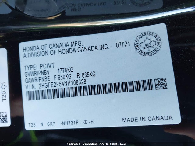 Honda k20c2 2022 2HGFE2F54NH108328 Image 9