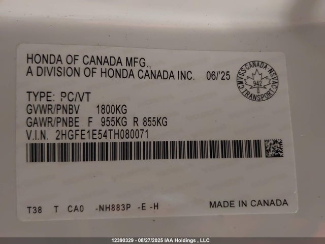 Honda l15ca 2026 2HGFE1E54TH080071 Image 9