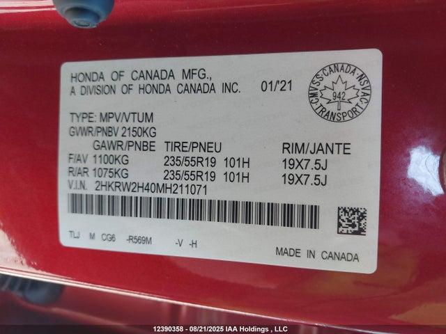 2HKRW2H40MH211071 Honda Cr-v Sport