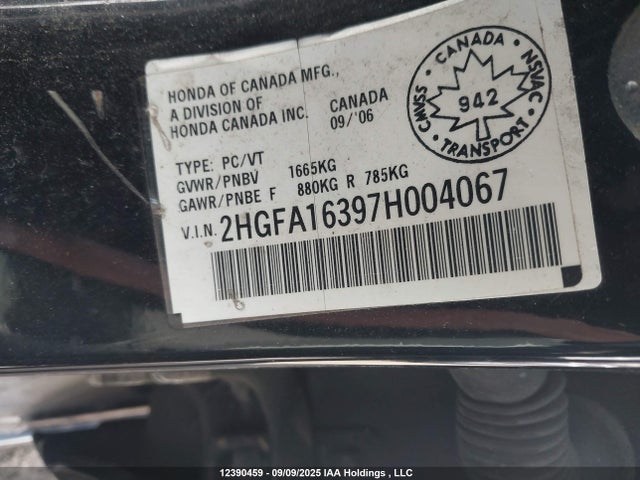 2007 Honda Civic Dx-g მანქანა იყიდება აუქციონზე, vin: 2HGFA16397H004067, აუქციონის ნომერი: 12390459