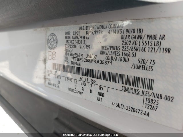 Ford 3.5l v6 cyclone 2021 1FTBR1C88MKA35871 Image 9