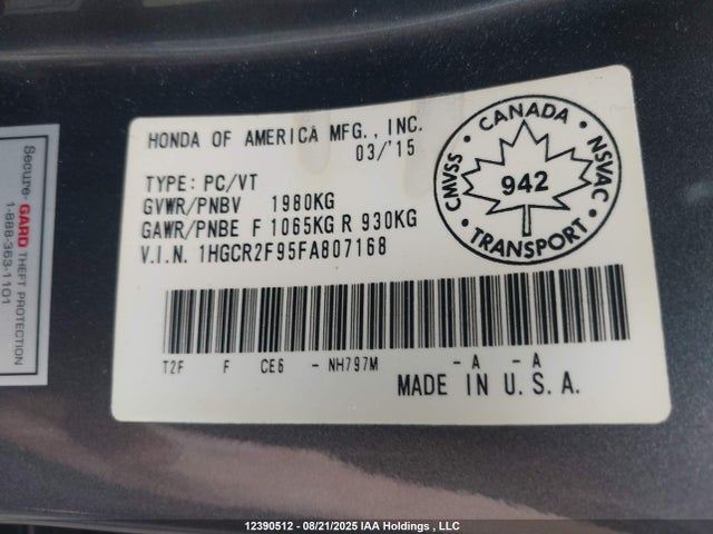 Honda Accord 2015 1HGCR2F95FA807168 Image 9