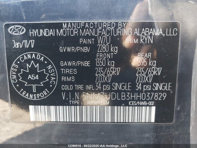 5NMZUDLB3HH037829 Hyundai gdi theta ii