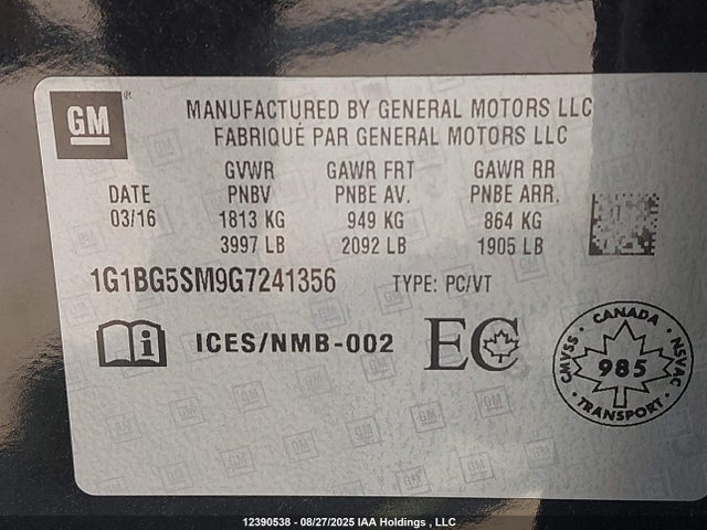 1G1BG5SM9G7241356 Chevrolet le2 - di: direct injection, alum, vvt, gen i, gmna