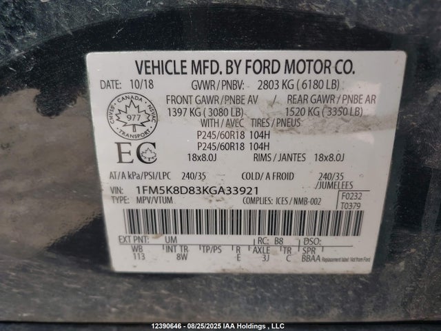 1FM5K8D83KGA33921 Ford 3.5l ti-vct