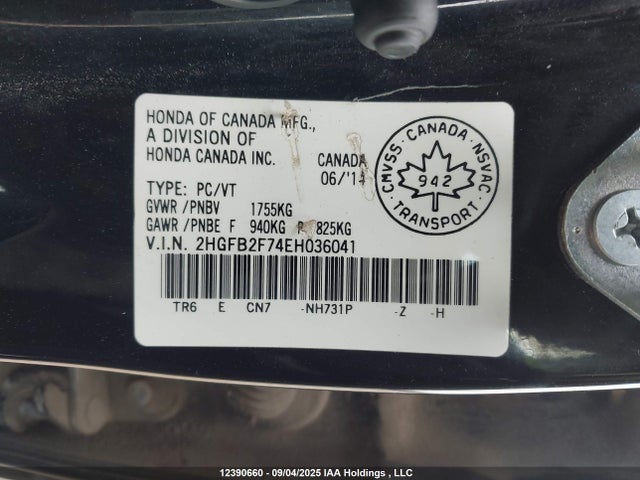 12390660 :رقم المزاد ، 2HGFB2F74EH036041 vin ، 2014 Honda Civic Touring مزاد بيع