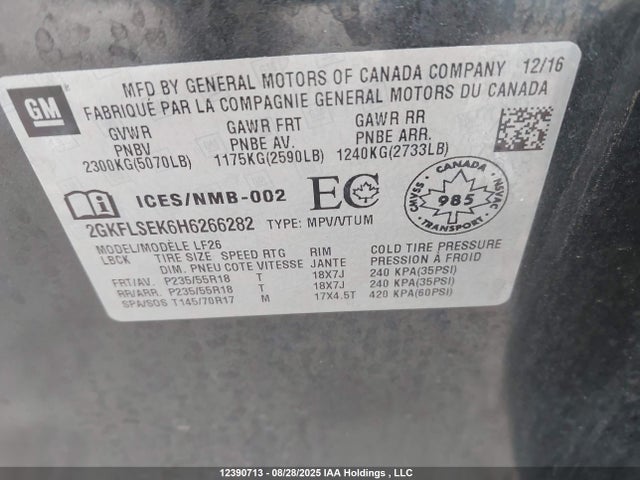 2GKFLSEK6H6266282 GMC lea - sidi: spark ignited direct injection, e85 max, alum