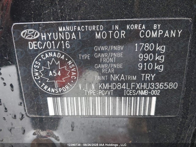 KMHD84LFXHU336580 Hyundai ELANTRA GL
