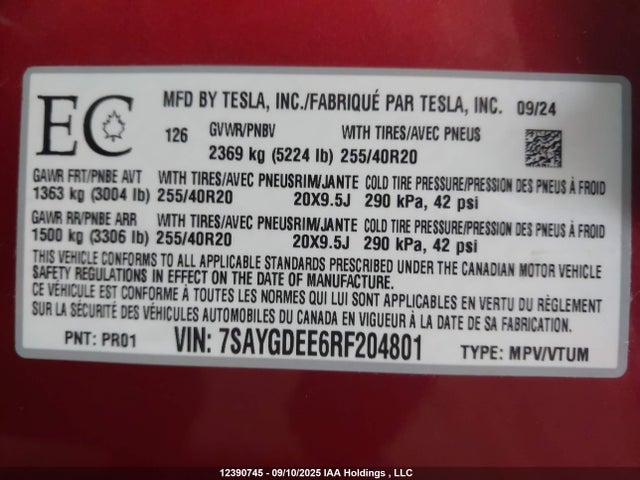 Tesla Model Y 2024 7SAYGDEE6RF204801 Image 9