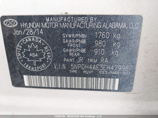 5NPDH4AE3EH479987 Hyundai dohc mpi nu