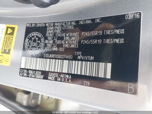 5TDJKRFH3GS274493 Toyota 2gr-fe